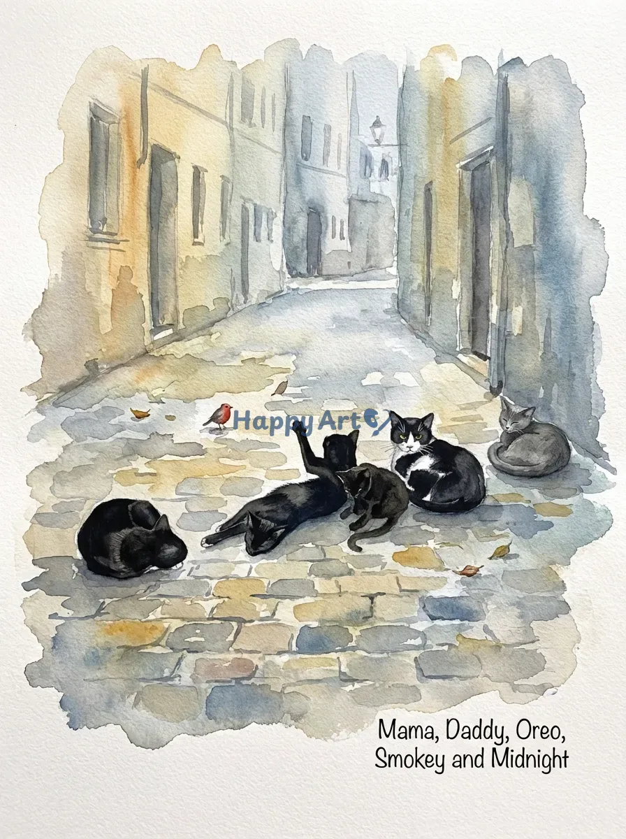 Artwork of Mama, Daddy, Oreo, Smokey and Midnight